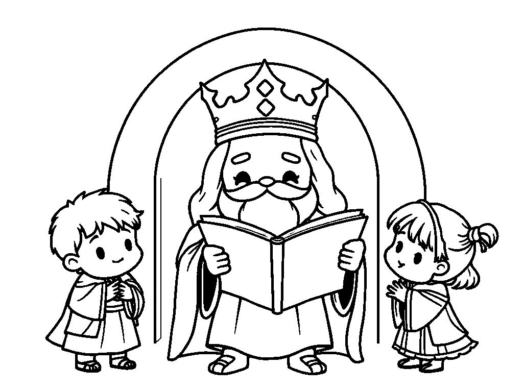 Desenho para colorir de Salomão lendo o livro da lei para duas crianças