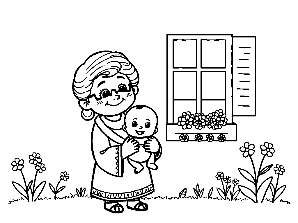 Desenho para colorir de Rute e Noemi com o bebê Obede no colo