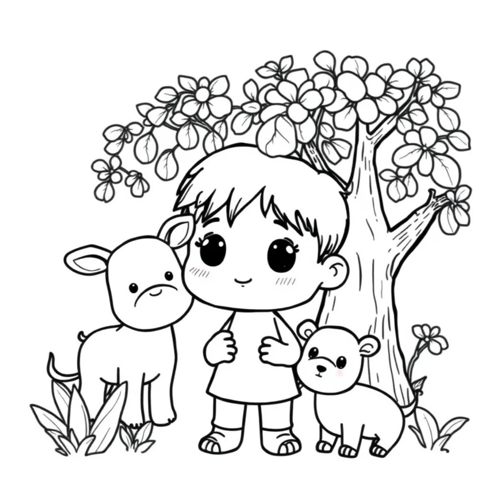 Desenho para colorir de Adão dando nome aos animais no jardim