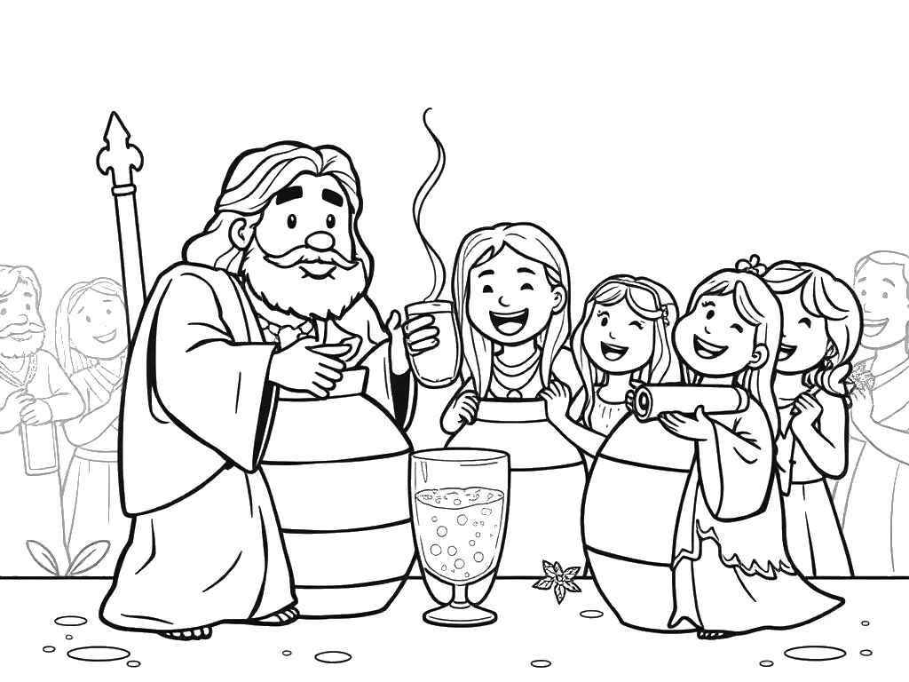 Desenho para colorir das jarras da festa de Caná com Jesus