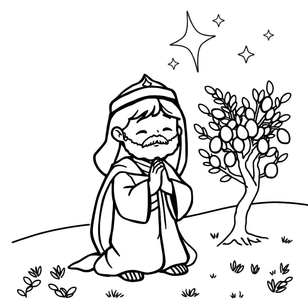 Desenho para colorir de Jesus orando no jardim do Getsêmani entre as oliveiras
