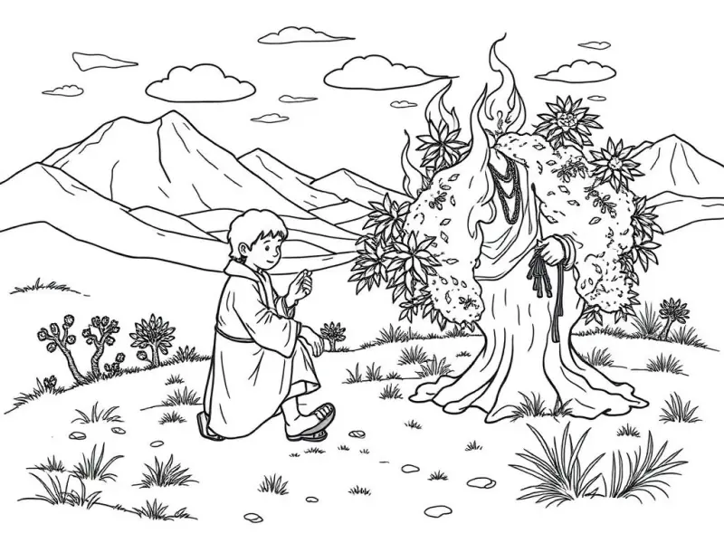 Desenho para colorir da sarça ardente que falou com Moisés