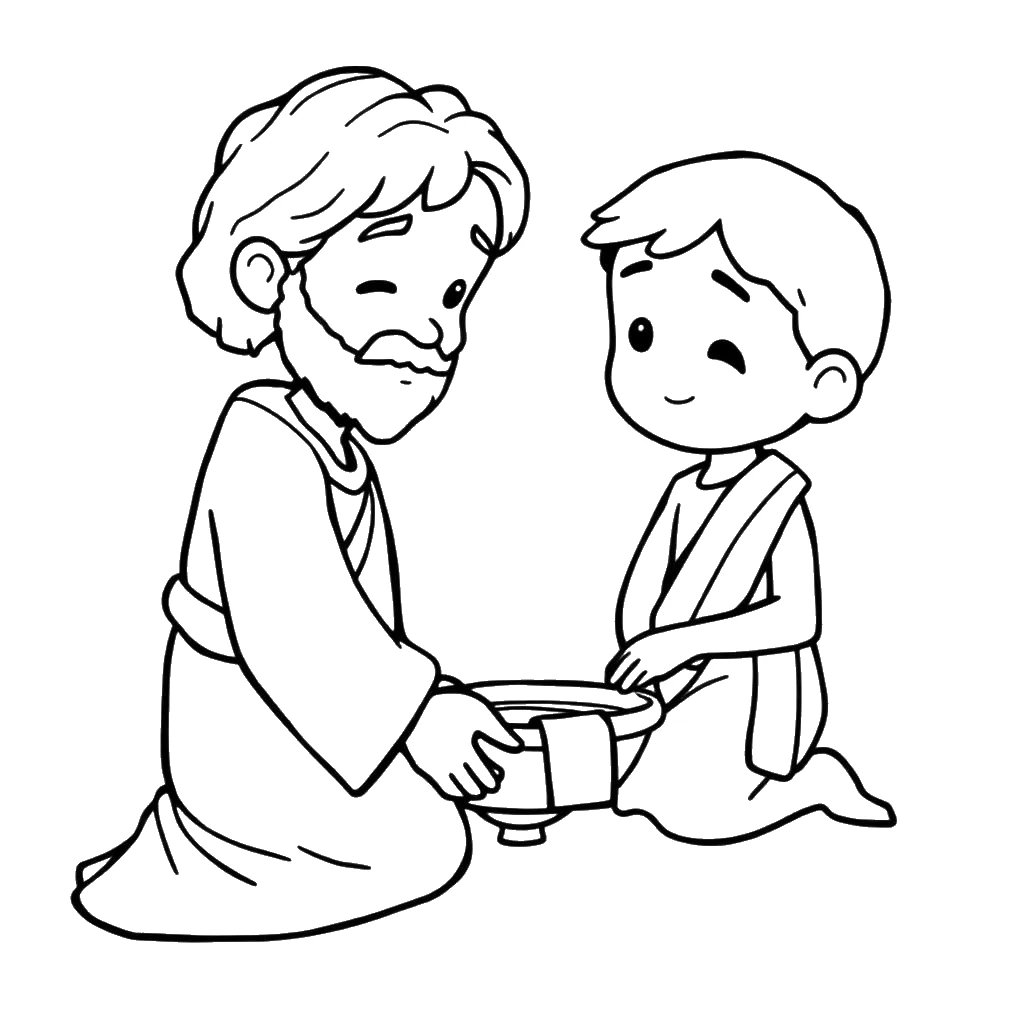 Desenho para colorir de Jesus lavando os pés de um discípulo com a bacia de água