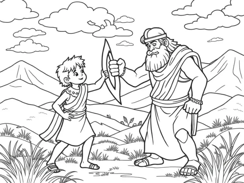 Desenho para colorir de Davi enfrentando o gigante Golias