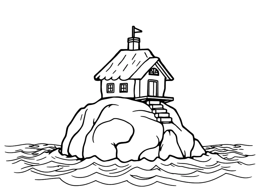 Desenho para colorir da casa construída sobre a rocha firme