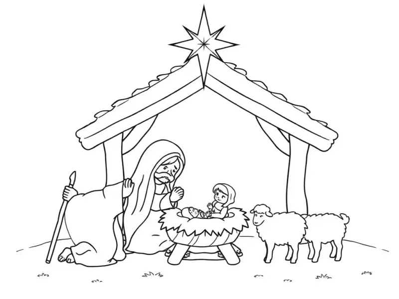 Desenho para colorir do presépio com Maria, José e o menino Jesus