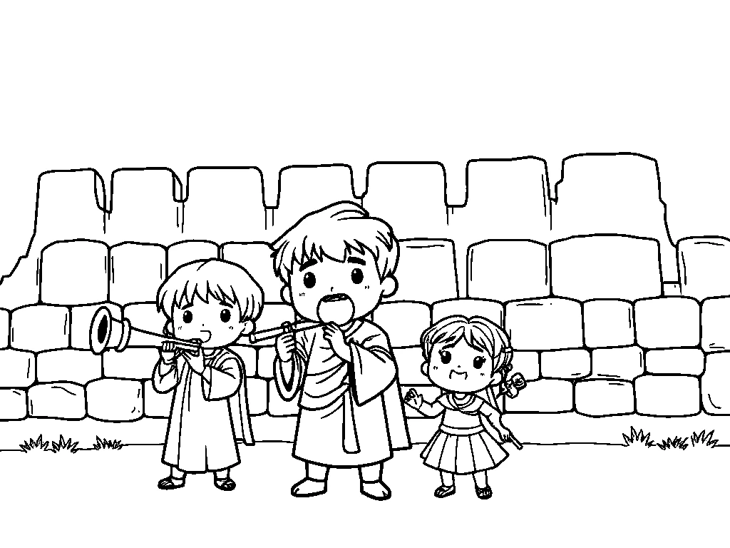 Desenho para colorir de Josué e as crianças tocando trombetas diante da muralha