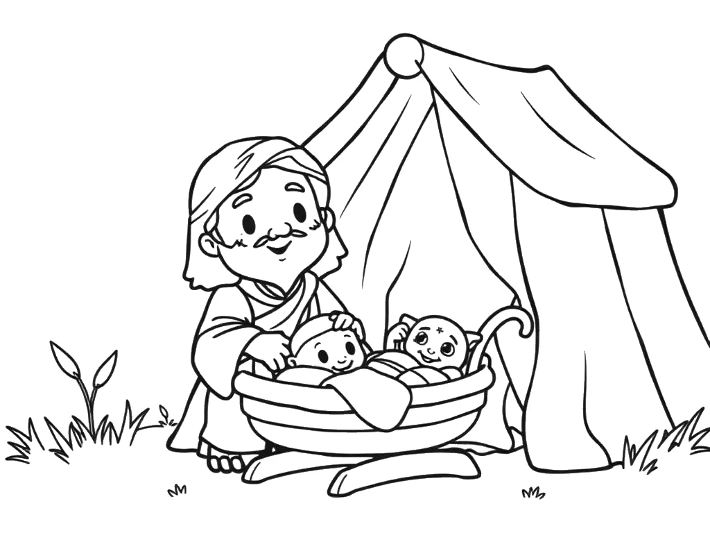 Desenho para colorir de Abraão e Sara com o bebê Isaque no berço