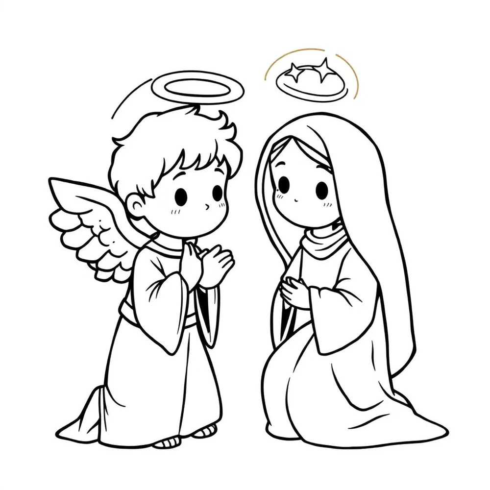 Desenho para colorir do anjo Gabriel anunciando a Maria