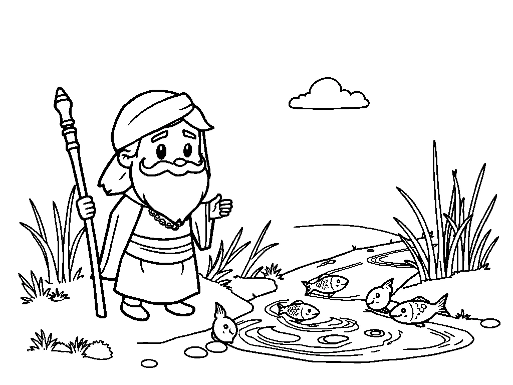 Desenho para colorir do profeta Eliseu junto ao rio com peixinhos