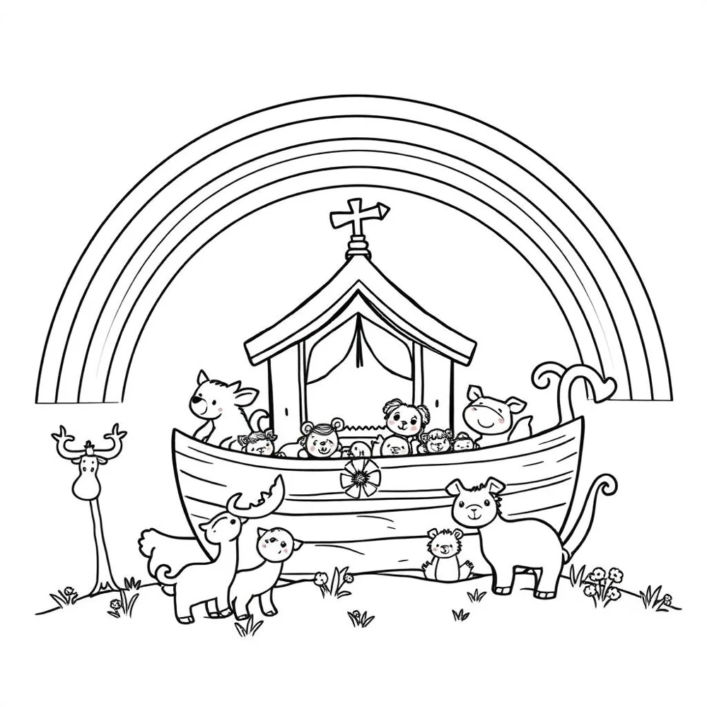 Desenho para colorir do arco-íris sobre a arca de Noé