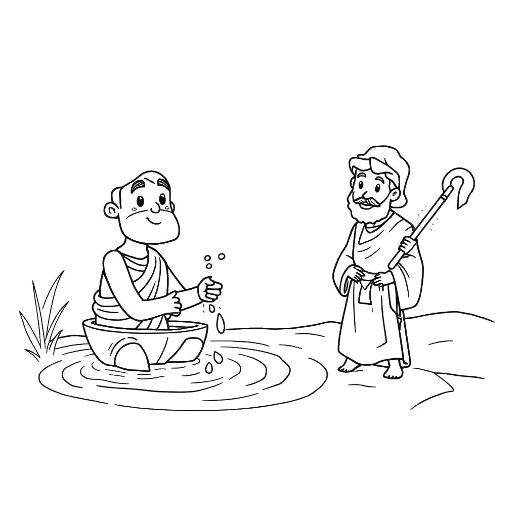 Desenho para colorir de Naamã se lavando no rio e saindo curado