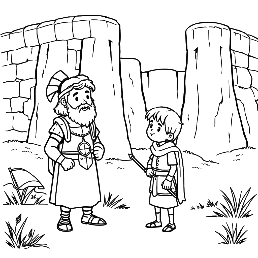 Desenho para colorir de Josué conversando com os espias diante das muralhas de Jericó