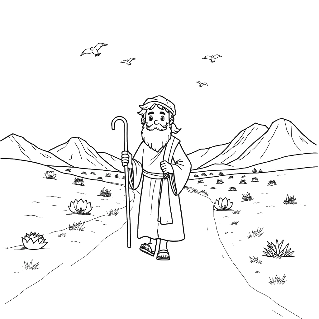 Desenho para colorir de Elias caminhando pelo deserto com seu cajado