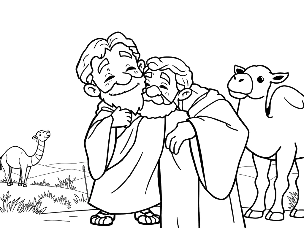 Desenho para colorir de José abraçando seu pai Jacó com camelos ao fundo