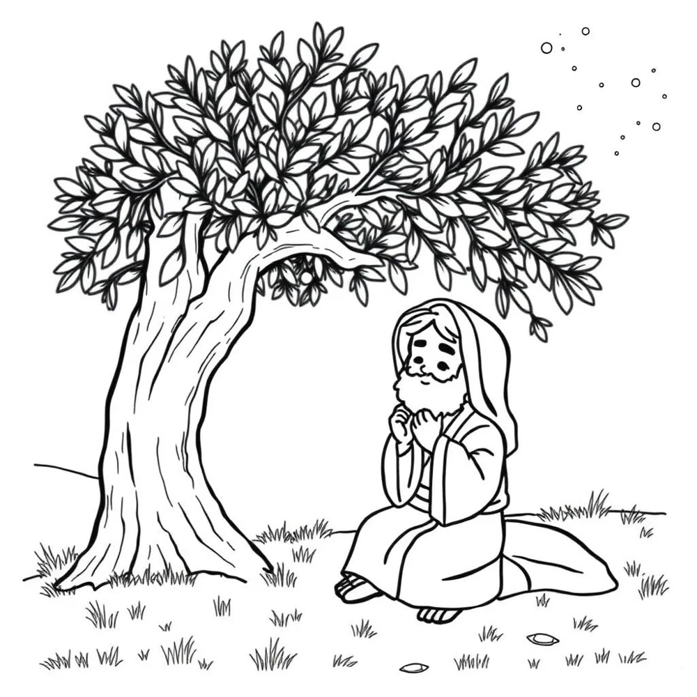 Desenho para colorir de Jesus orando sob a oliveira