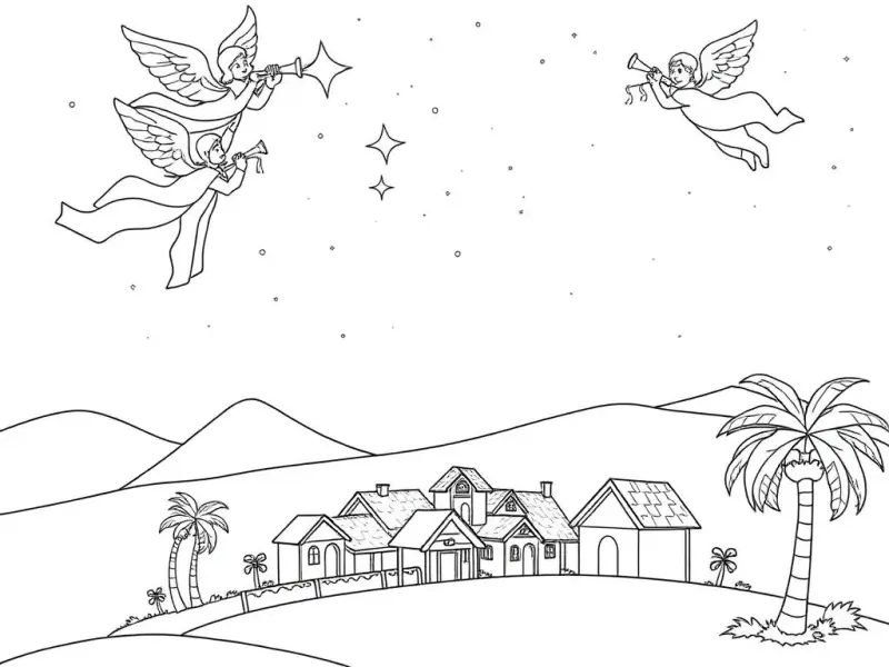 Desenho para colorir de anjos anunciando o nascimento de Jesus