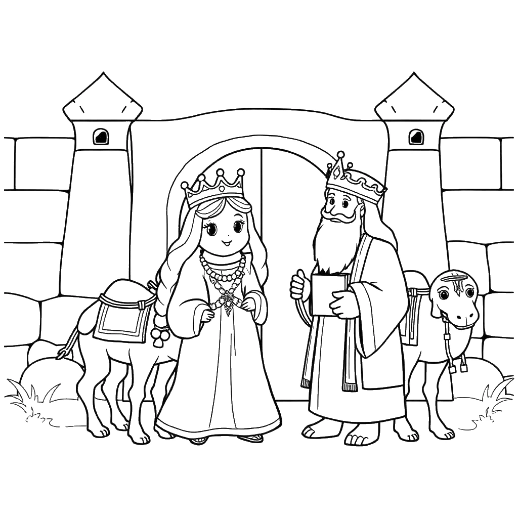 Desenho para colorir da rainha de Sabá chegando com camelos e presentes para Salomão