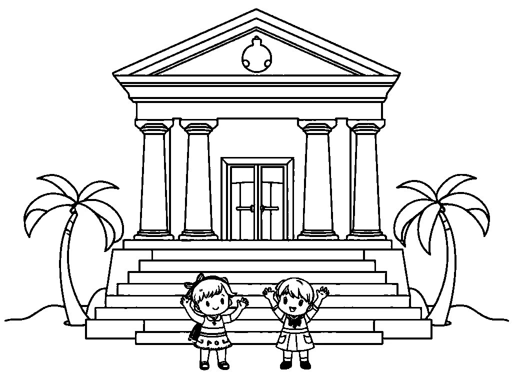 Desenho para colorir do templo terminado com crianças louvando na escadaria