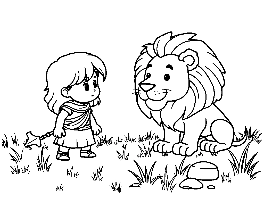 Desenho para colorir de Sansão diante de um leão no caminho