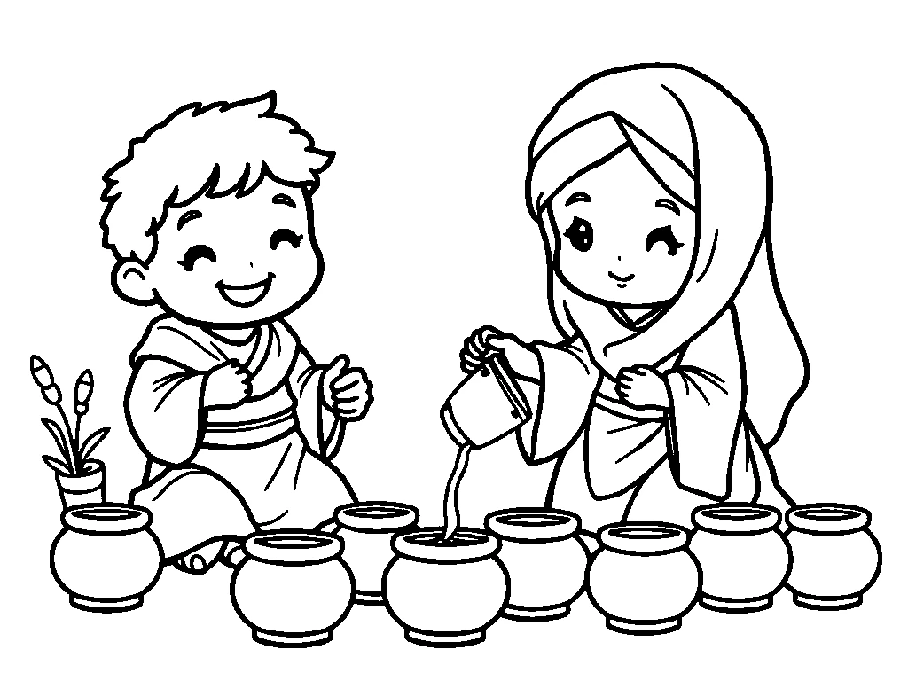 Desenho para colorir de Eliseu e a viúva enchendo as vasilhas de azeite