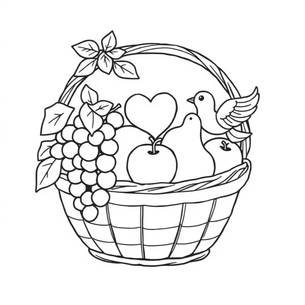 Desenho para colorir de uma cesta de frutos com coração e pomba