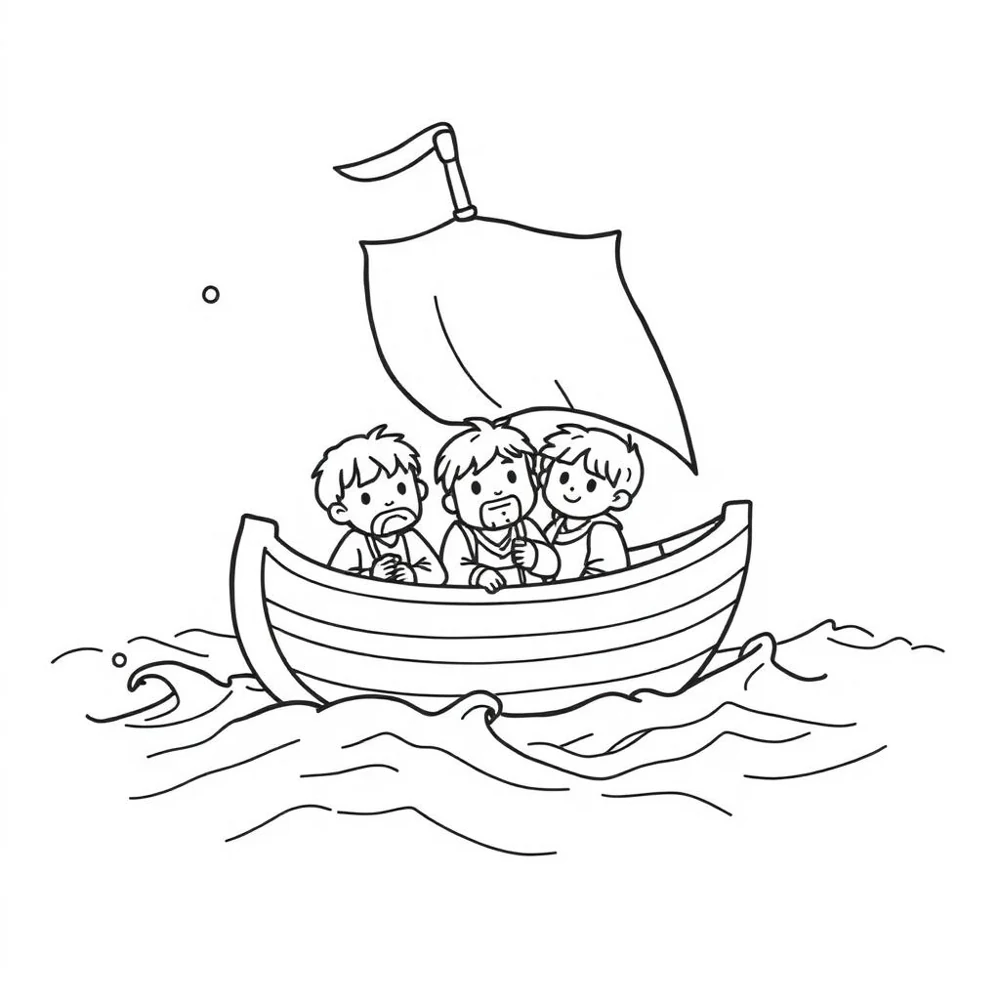 Desenho para colorir dos discípulos no barco em meio às ondas