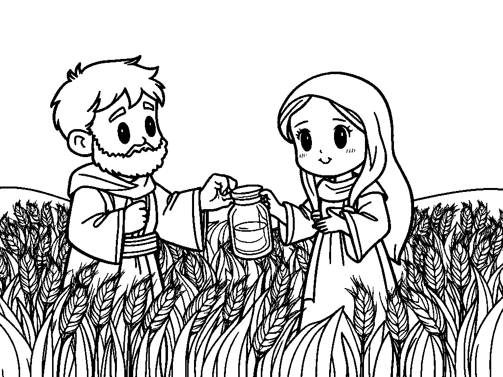 Desenho para colorir do encontro de Rute com Boaz no campo de trigo