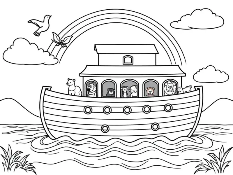 Desenho para colorir de Noé recebendo a pomba com o ramo de oliveira