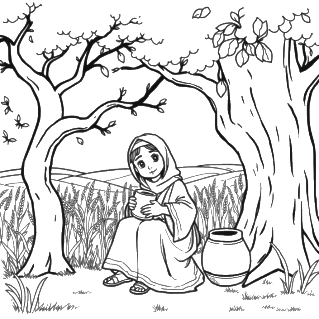 Desenho para colorir de Rute descansando à sombra da árvore com o cântaro de água