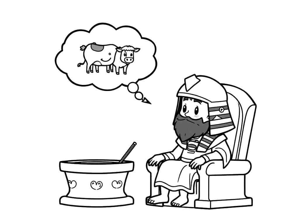 Desenho para colorir de José explicando o sonho das vacas ao faraó