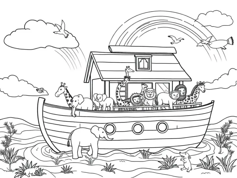 Desenho para colorir da arca de Noé cheia de animais