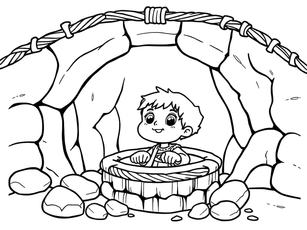 Desenho para colorir de José dentro do poço seco olhando para cima