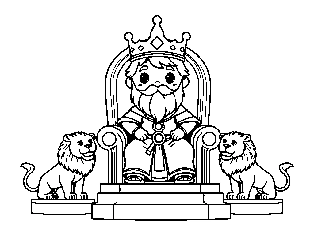 Desenho para colorir do rei Salomão sentado no trono entre dois leões