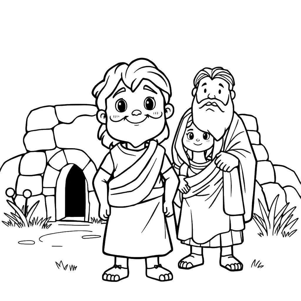 Desenho para colorir do menino Sansão ao lado de seus pais na frente de casa