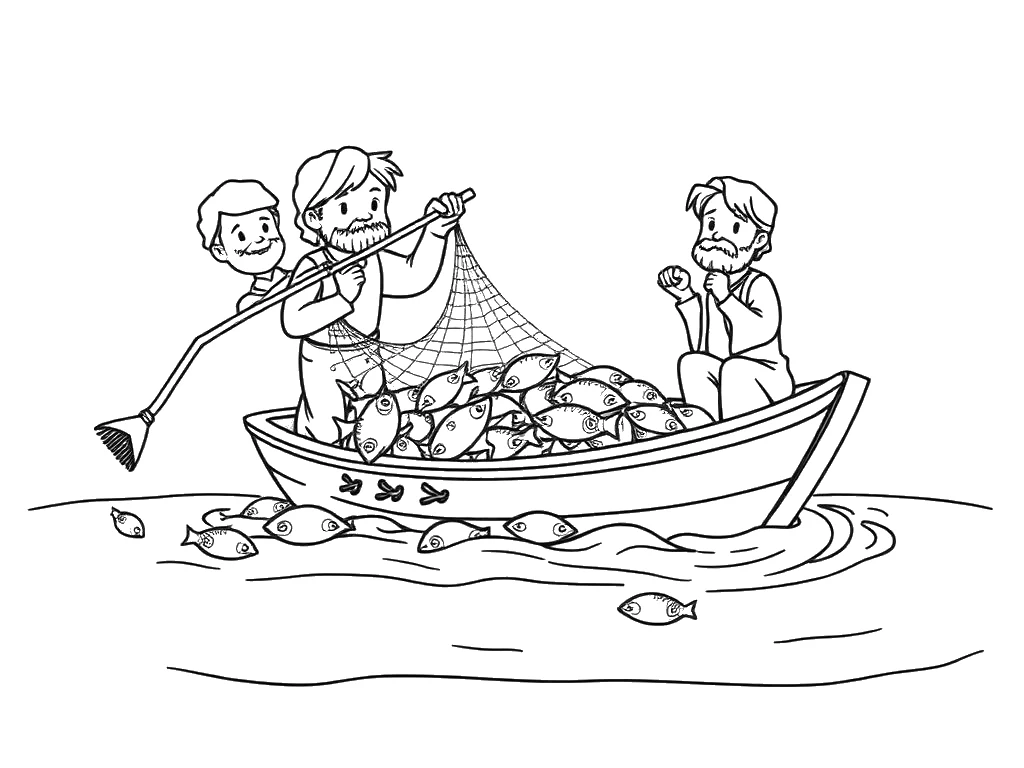 Desenho para colorir da rede cheia de peixes no barco dos discípulos