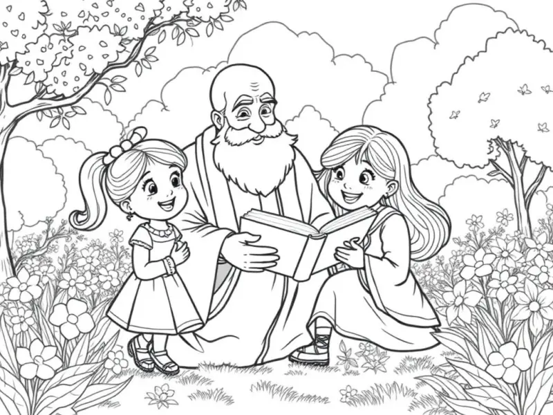 Desenho para colorir de meninas ao lado de Jesus