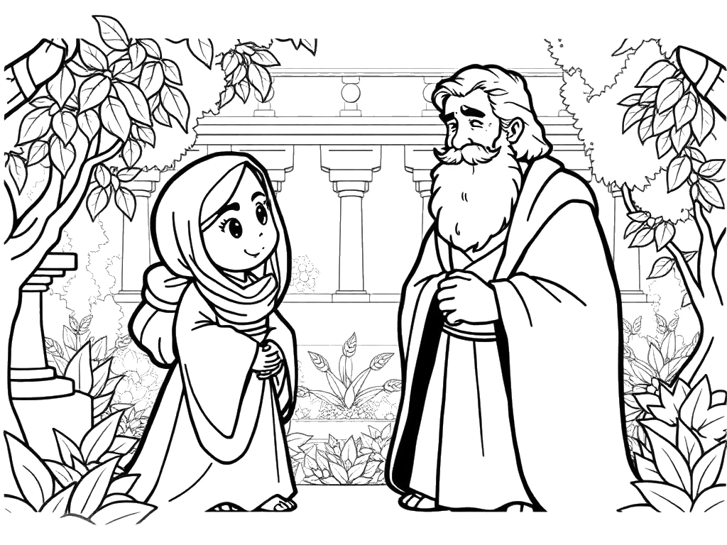 Desenho para colorir de Ester conversando com Mardoqueu no jardim do palácio