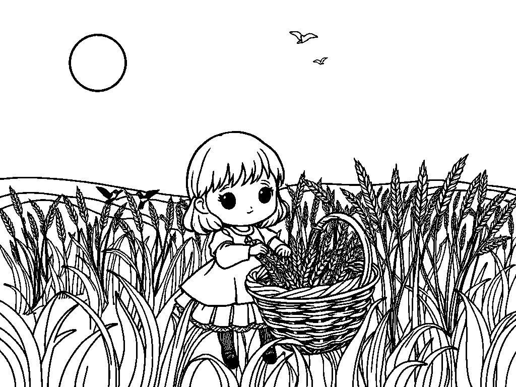 Desenho para colorir de Rute colhendo espigas de trigo no campo