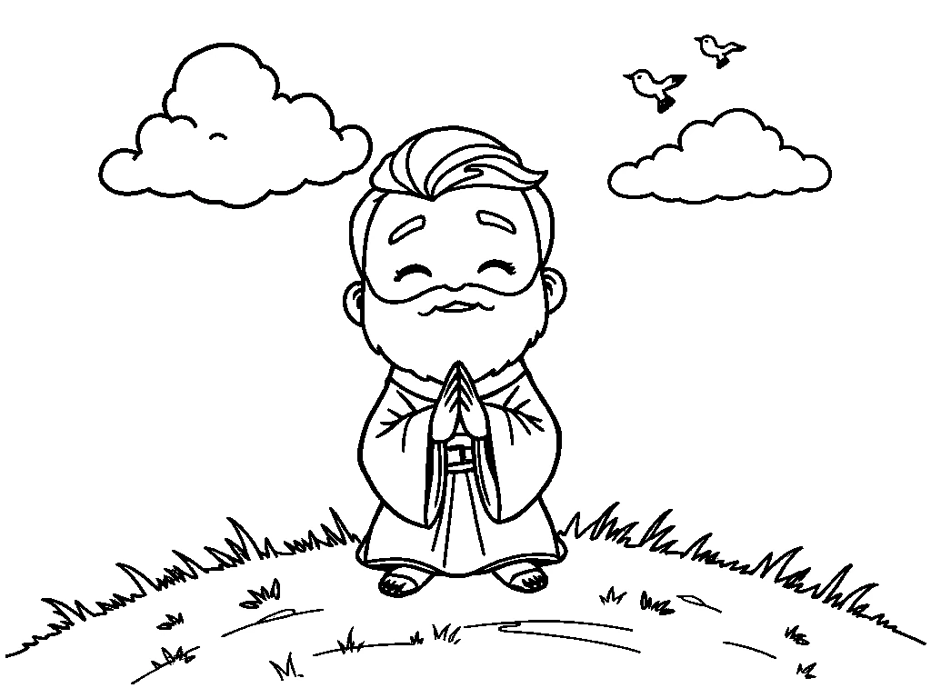 Desenho para colorir de Eliseu orando na colina com pássaros no céu