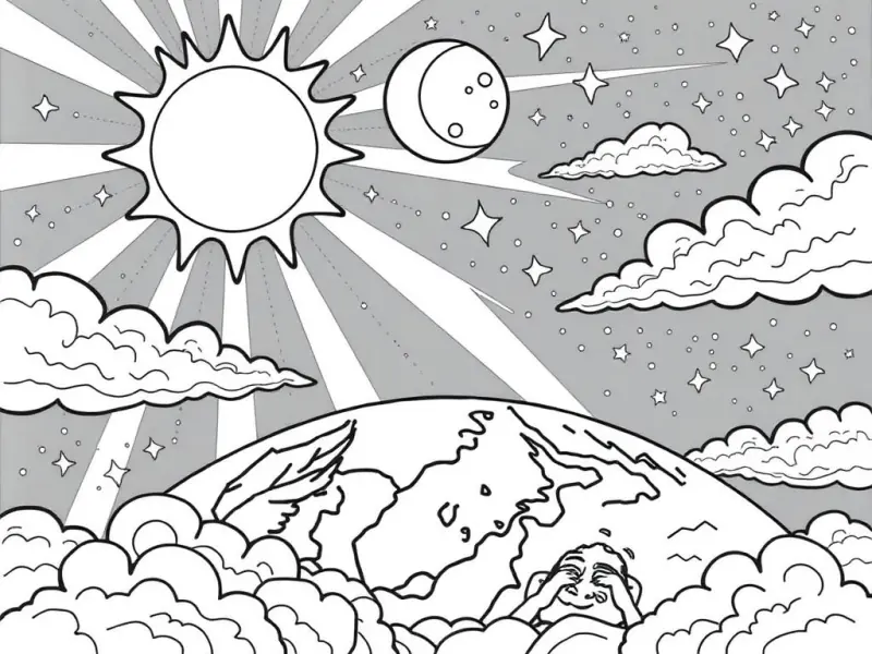 Desenho para colorir da criação do mundo com sol, nuvens e plantas