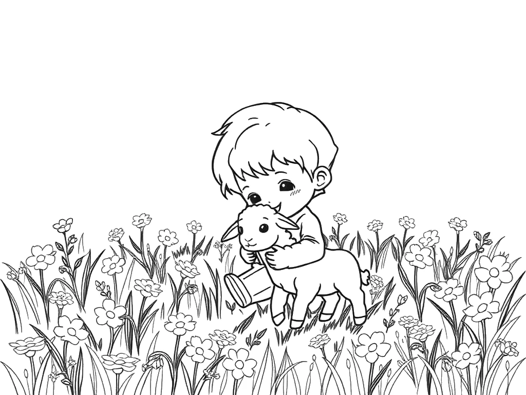 Desenho para colorir do menino Isaque brincando com um cordeirinho