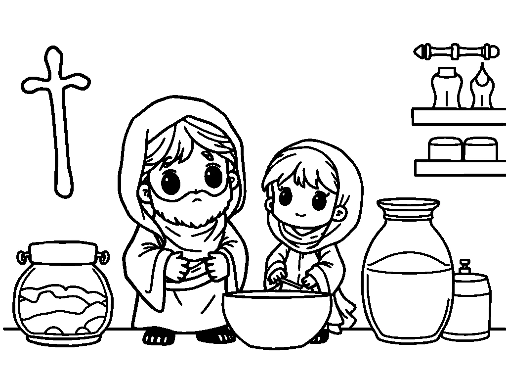 Desenho para colorir de Elias com a viúva de Sarepta e o pote de farinha