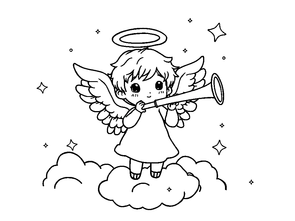 Desenho para colorir de um anjo tocando trombeta sobre as nuvens