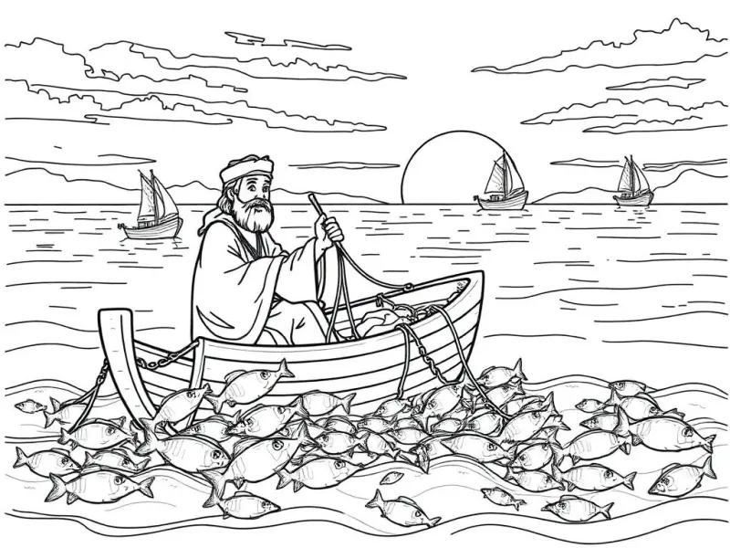 Desenho para colorir de Pedro pescando com sua rede no barco