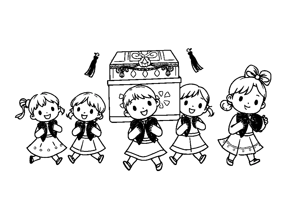 Desenho para colorir de crianças dançando e tocando ao redor da arca