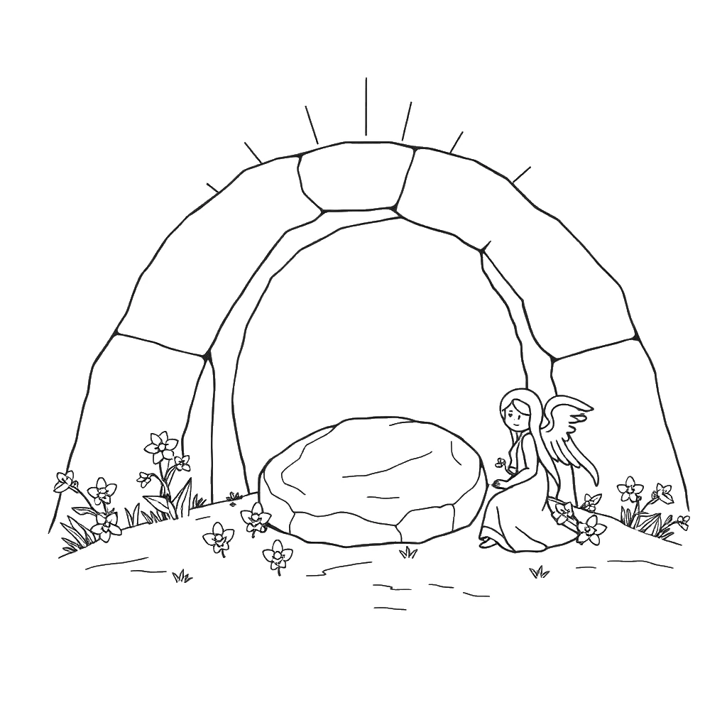 Desenho para colorir do túmulo aberto com a pedra rolada na manhã de Páscoa