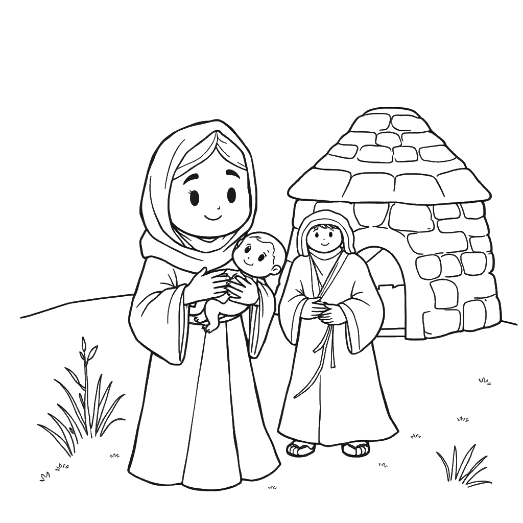 Desenho para colorir de Noemi feliz segurando o bebê ao lado da família