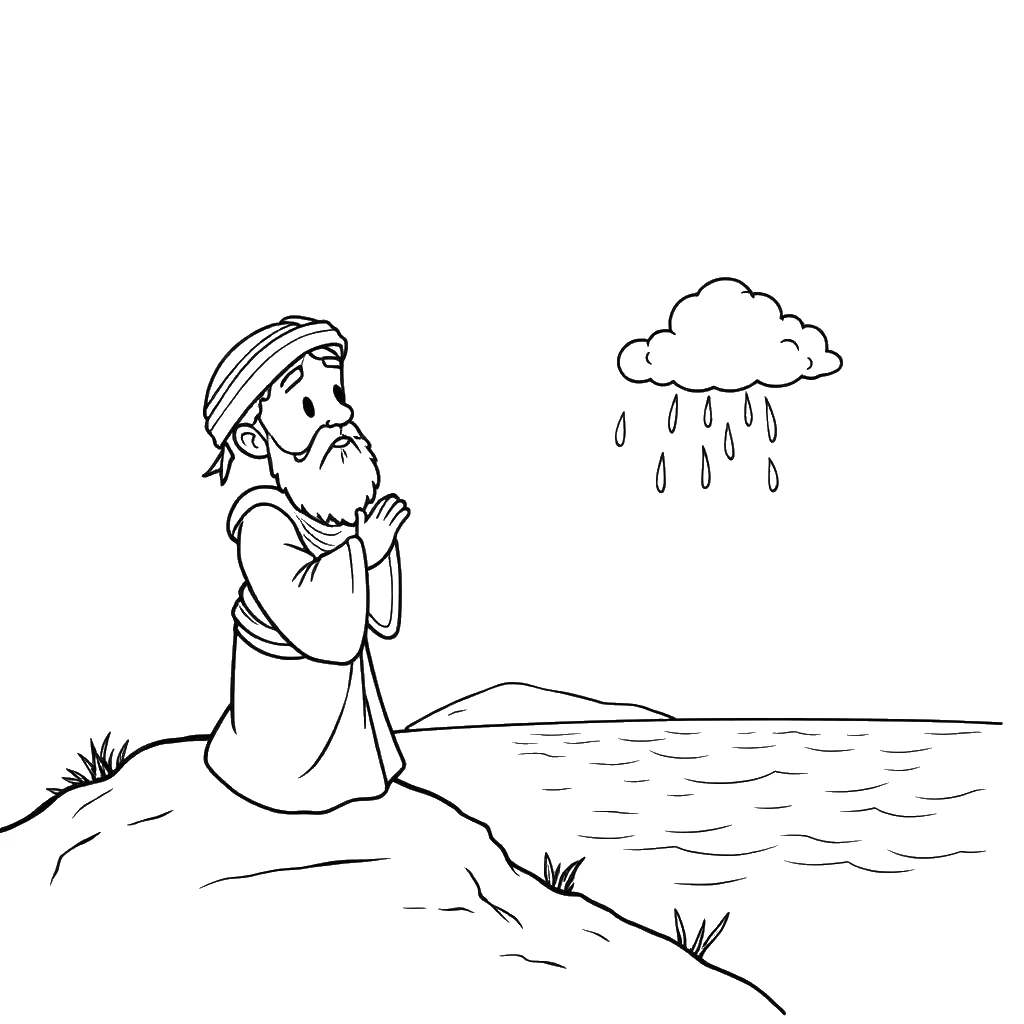 Desenho para colorir de Elias orando enquanto a nuvem de chuva aparece no céu