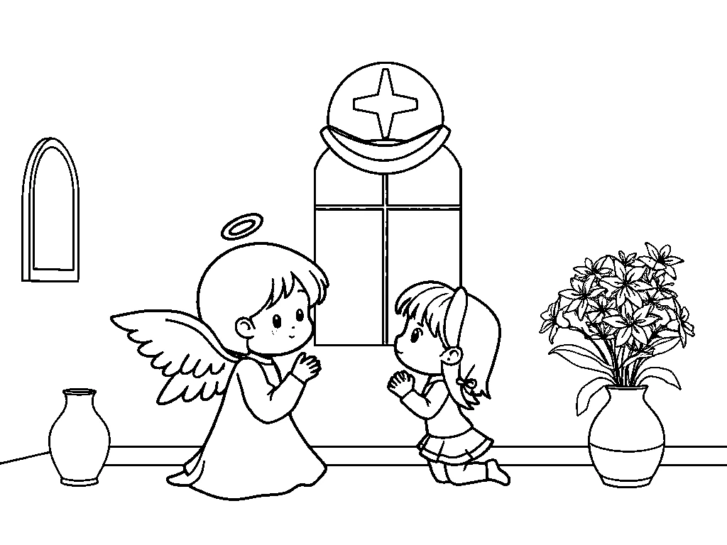 Desenho para colorir de um anjo dando uma boa notícia a uma menina